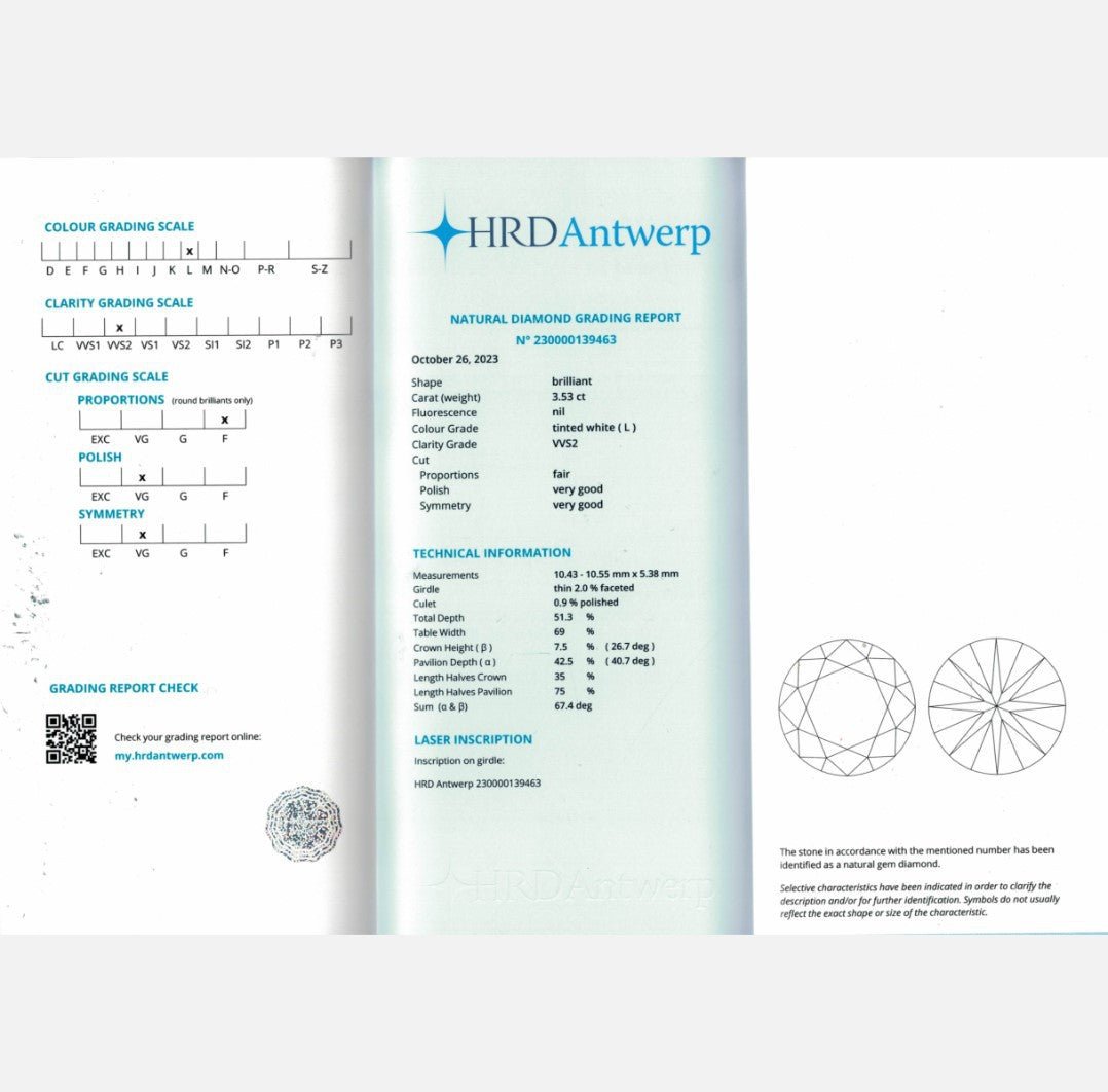 Solitaire diamant 3,53 Cts L - VVS2 (HRD) en or gris 18 Cts. Taille 52 - 53. - Castafiore