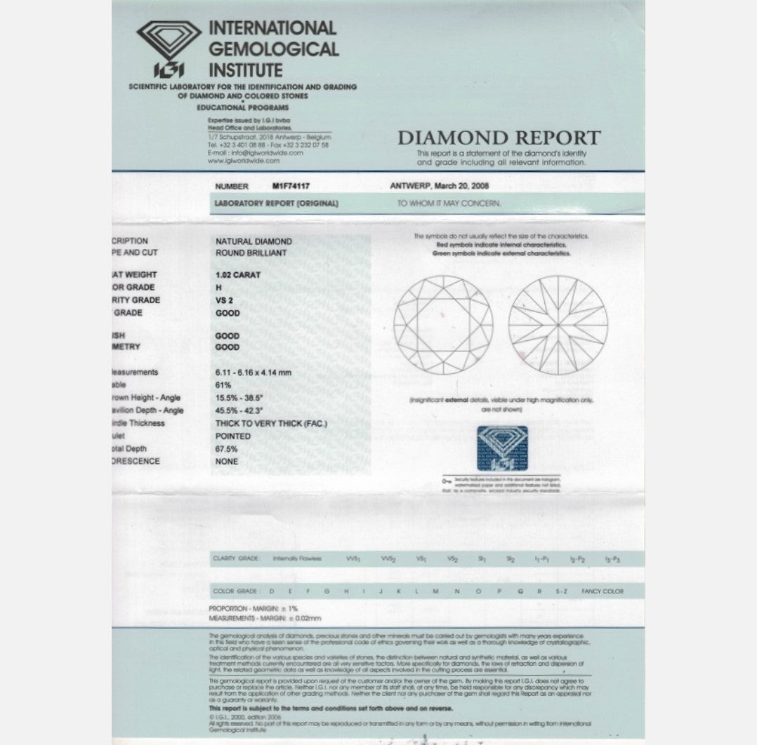 Solitaire en or gris 18 Cts avec 1,40 Cts de diamants brillants et baguettes (1,02 Cts + 0,38 Cts). - Castafiore