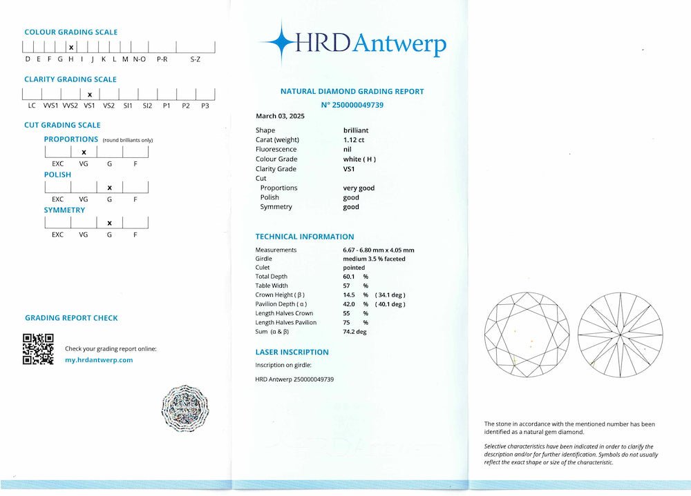 Solitaire en or gris 18K avec diamant 1,12 ct H - VS1 – Certificat HRD – Taille 55 - 56 - Castafiore