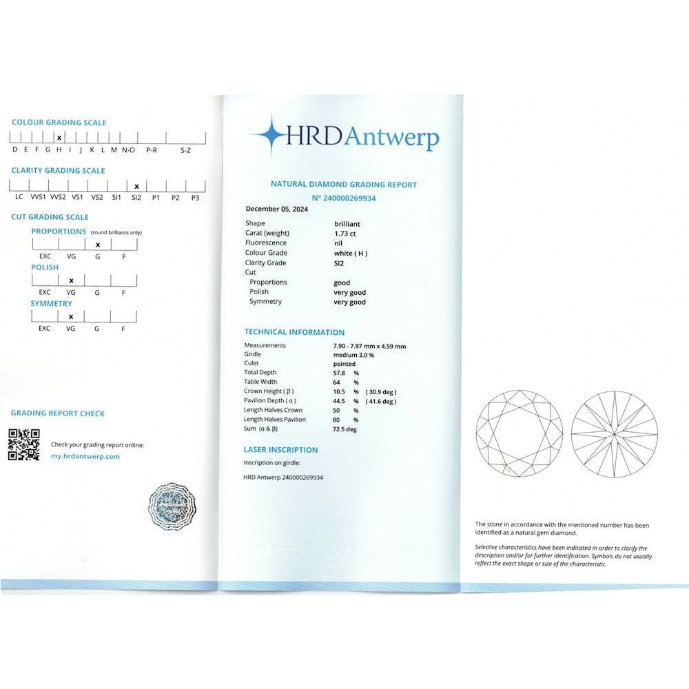Solitaire en or gris 18K avec diamant brillant de 1,73 ct H - SI2 (HRD) - Castafiore