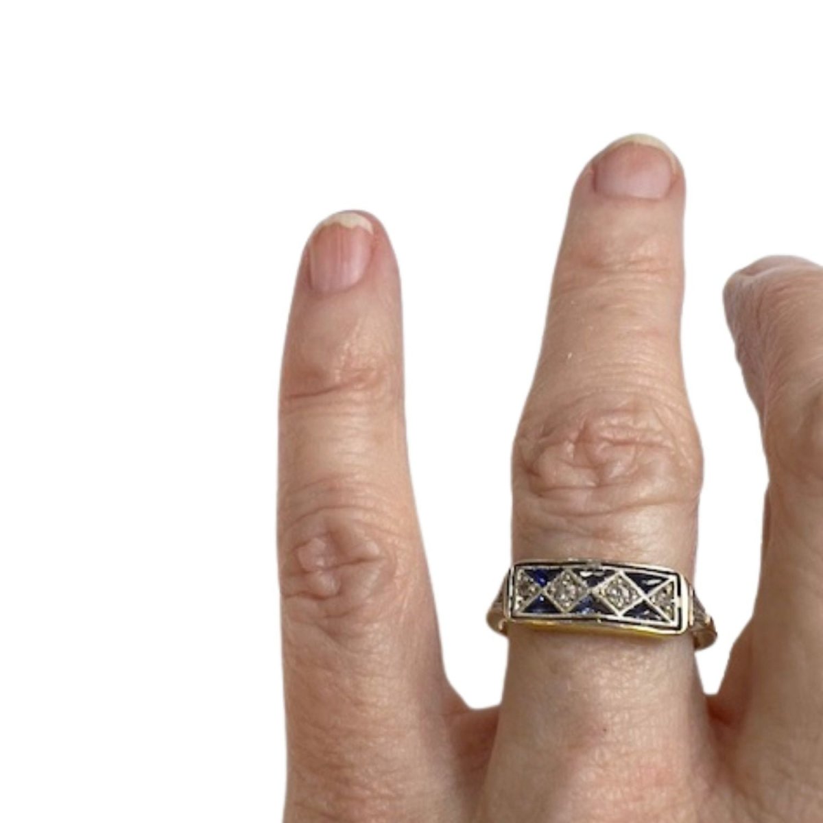 SORTIJA ART DECO EPOCA 1920 - 1925 de ORO 18 kts y PLATINO con DIAMANTES y ZAFIROS - Castafiore