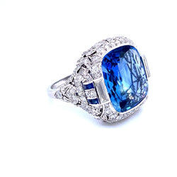 Ssef/Gubelin Certified 17 Carat Sapphire Art Deco Diamond Platinum Ring - Castafiore