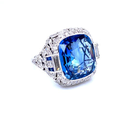 Ssef/Gubelin Certified 17 Carat Sapphire Art Deco Diamond Platinum Ring - Castafiore