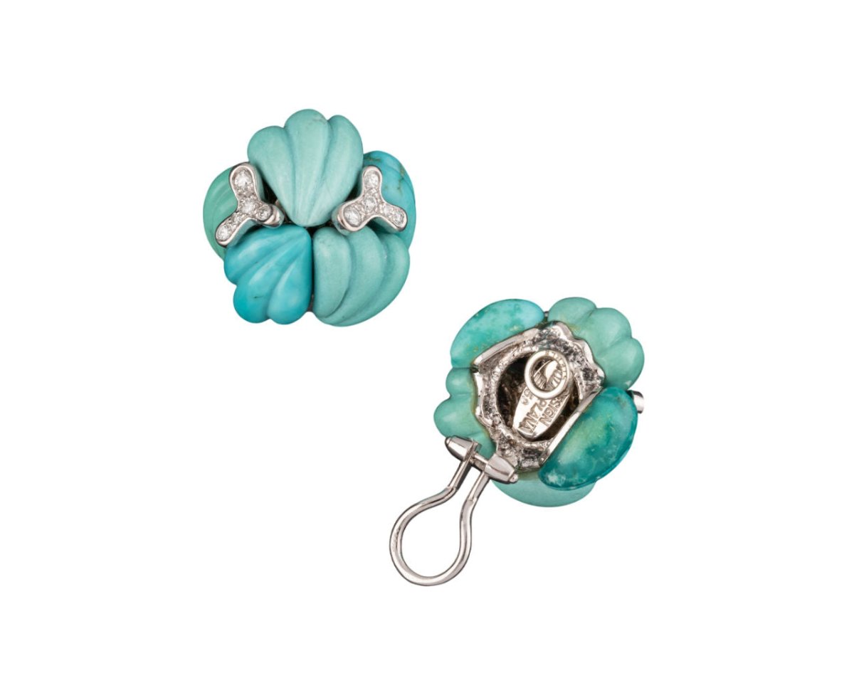 STERLE Paire de boucles d'oreilles en or, diamants et turquoises - Castafiore