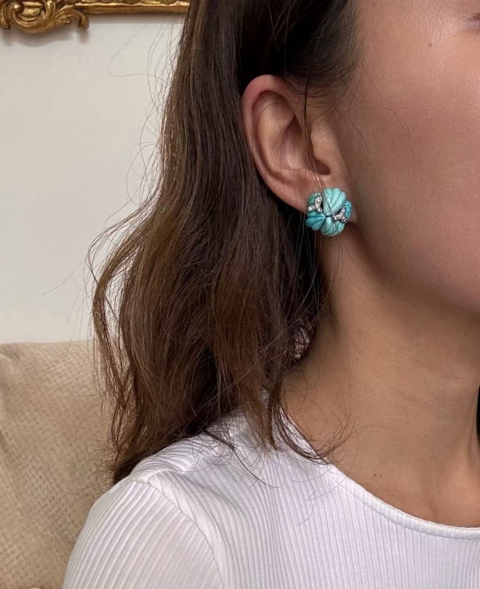 STERLE Paire de boucles d'oreilles en or, diamants et turquoises - Castafiore