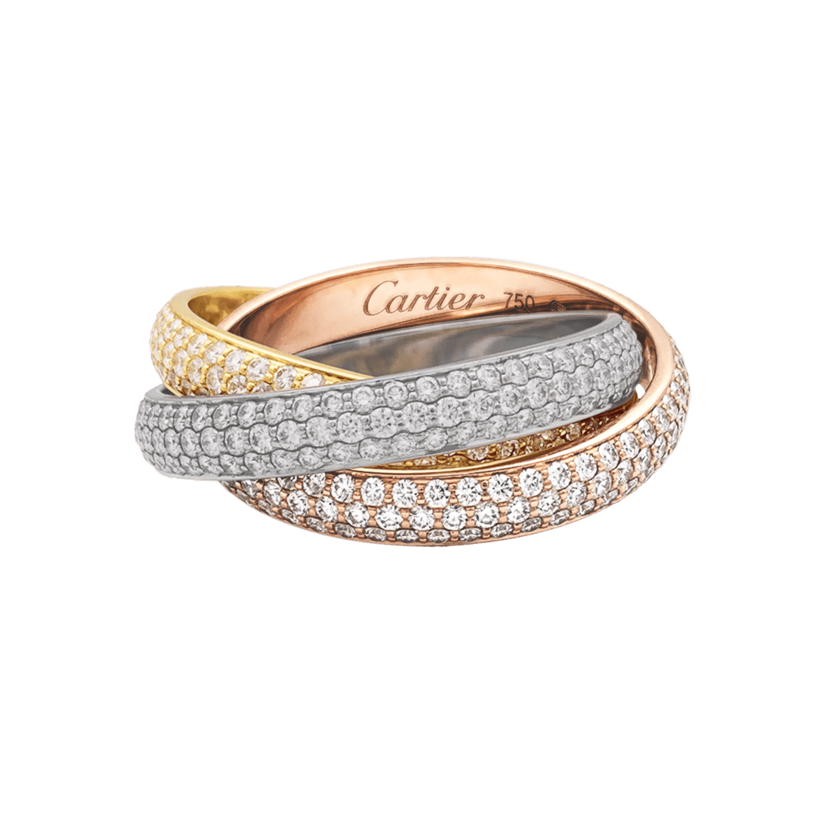Bague Cartier, « Trinity », trois anneaux trois tons d’or et diamants.