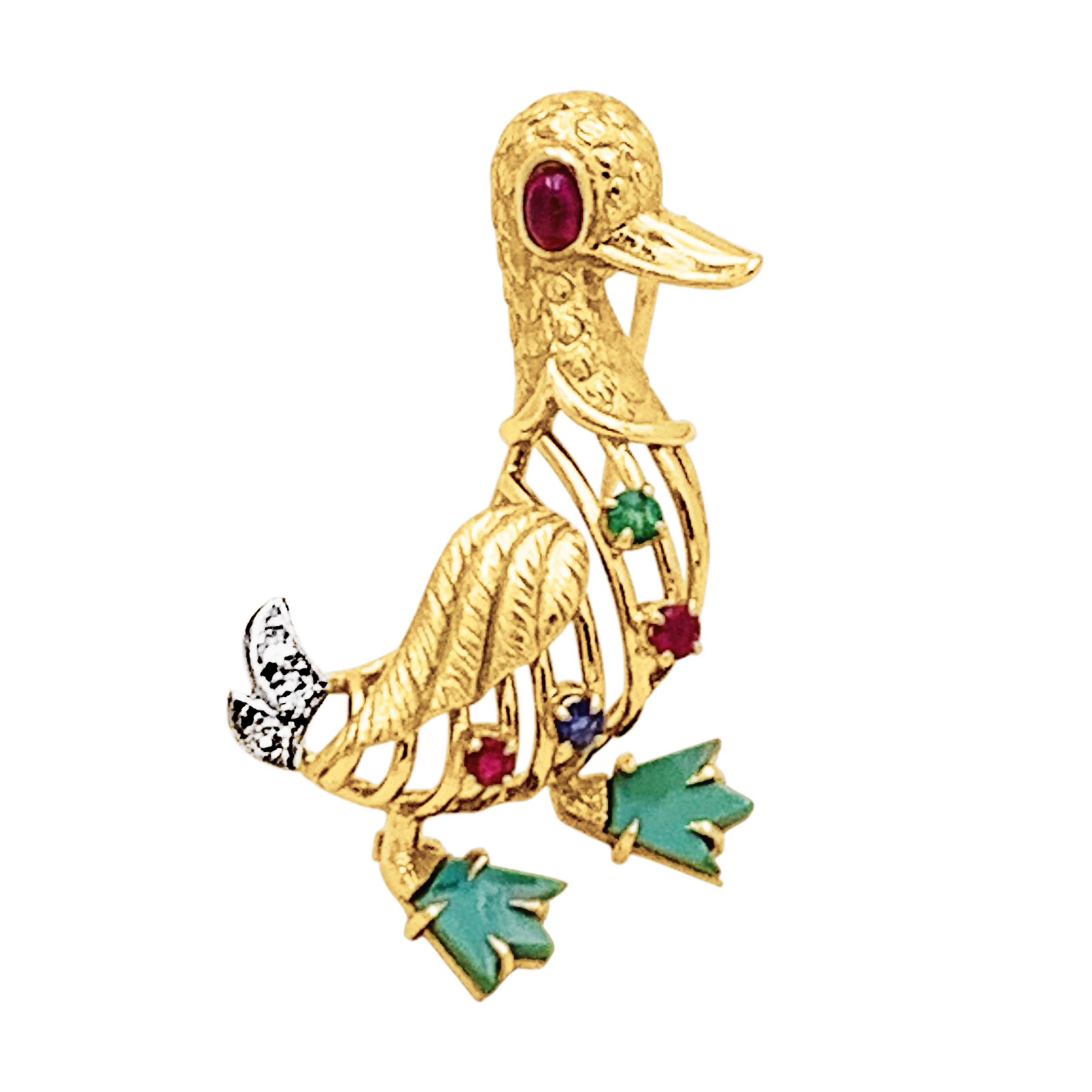 Broche « Canard » en or jaune, pierres précieuses et diamants.