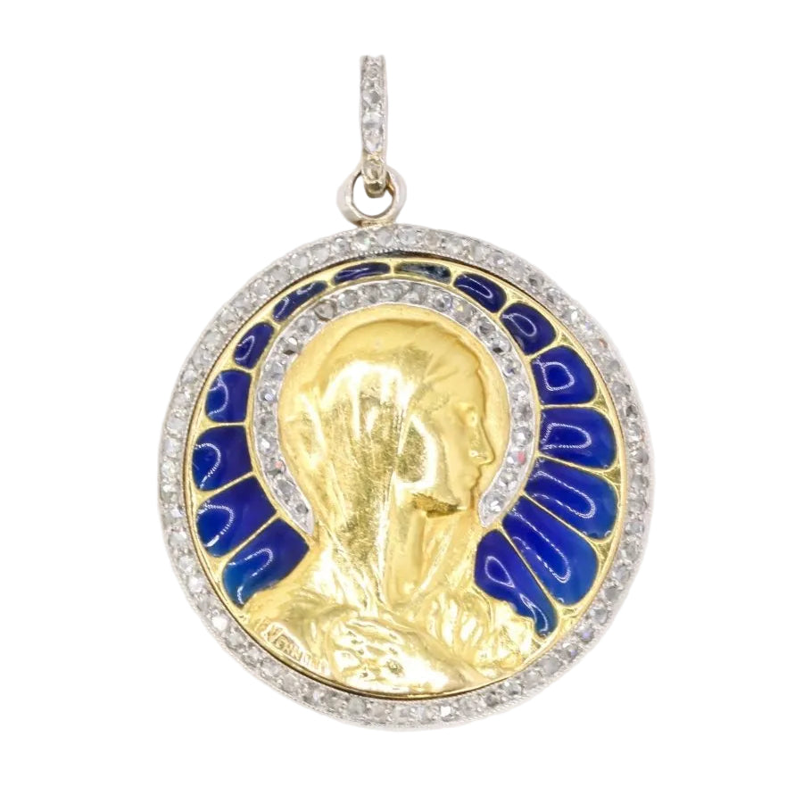VERNON Médaille Art Nouveau émail plique - à - jour or jaune diamants - Castafiore