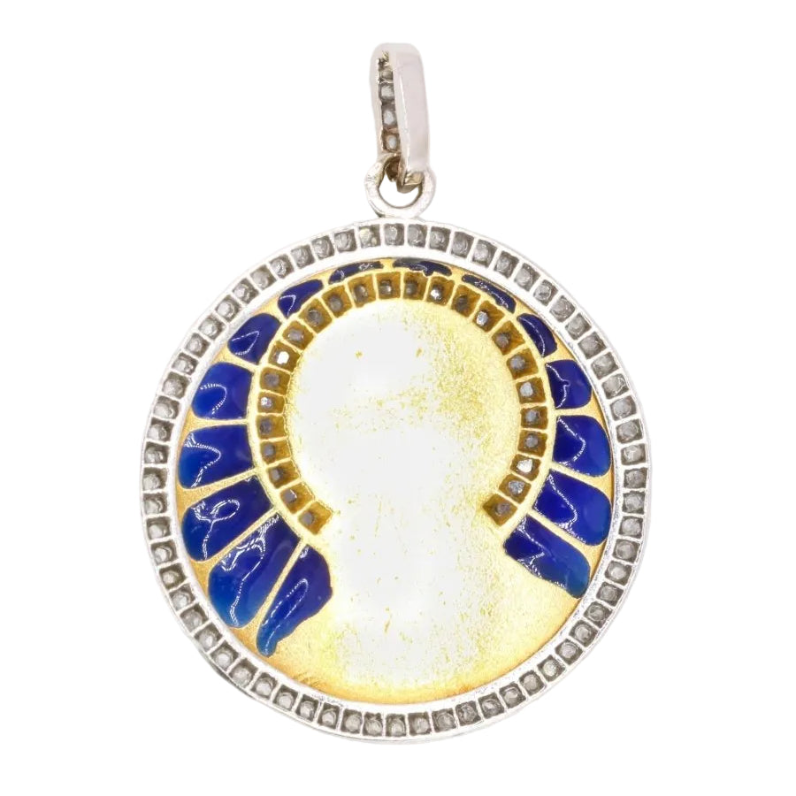 VERNON Médaille Art Nouveau émail plique - à - jour or jaune diamants - Castafiore