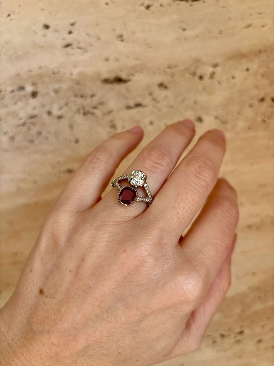 Victorian Certified Natural Unheated Ruby Diamond Vous et Moi Ring - Castafiore