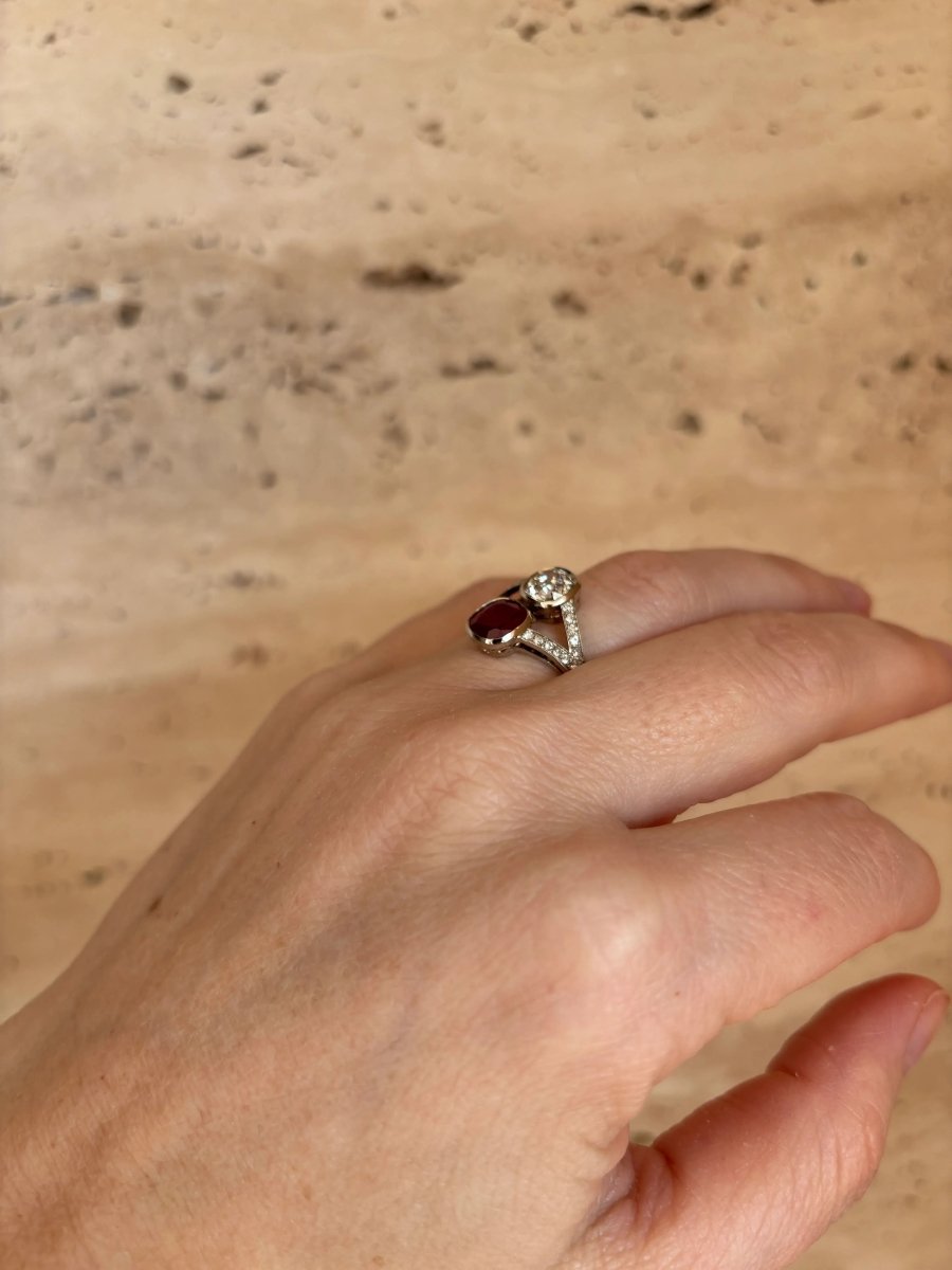 Victorian Certified Natural Unheated Ruby Diamond Vous et Moi Ring - Castafiore