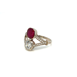 Victorian Certified Natural Unheated Ruby Diamond Vous et Moi Ring - Castafiore