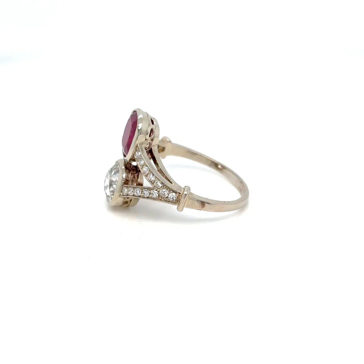 Victorian Certified Natural Unheated Ruby Diamond Vous et Moi Ring - Castafiore