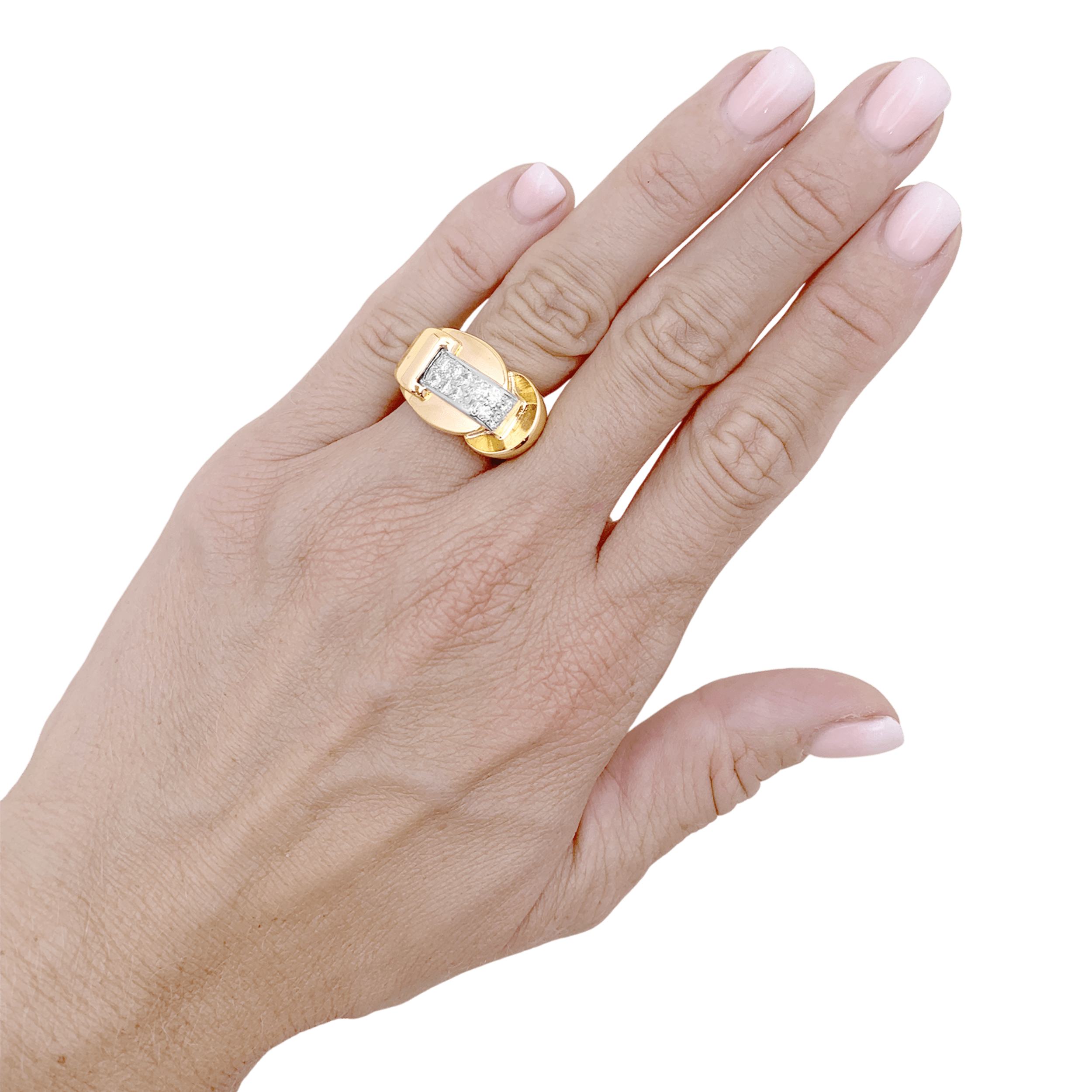 Bague Tank asymétrique en or rose, platine et diamants.