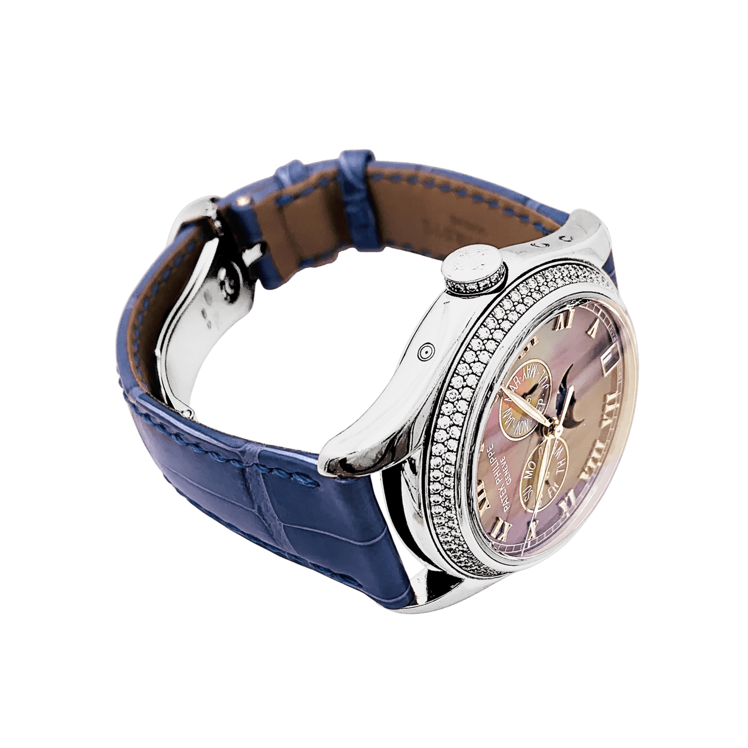 Montre Patek Philippe, "Annual Calendar", or blanc, nacre, diamants.