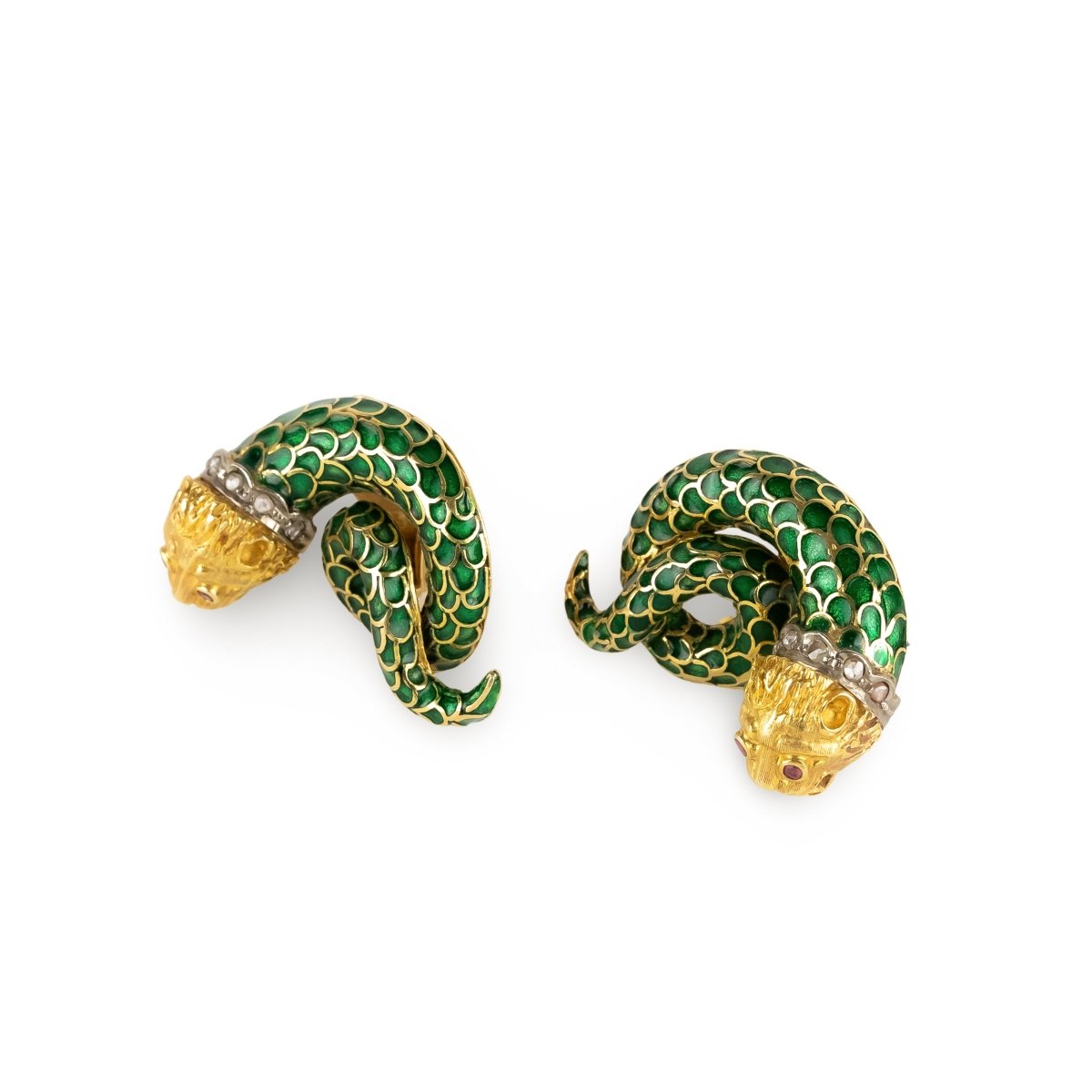 AVANT-PREMIÈRE - Boucles d'oreilles Clip LALAOUNIS Serpents en or jaune, émail, rubis et diamants - Castafiore