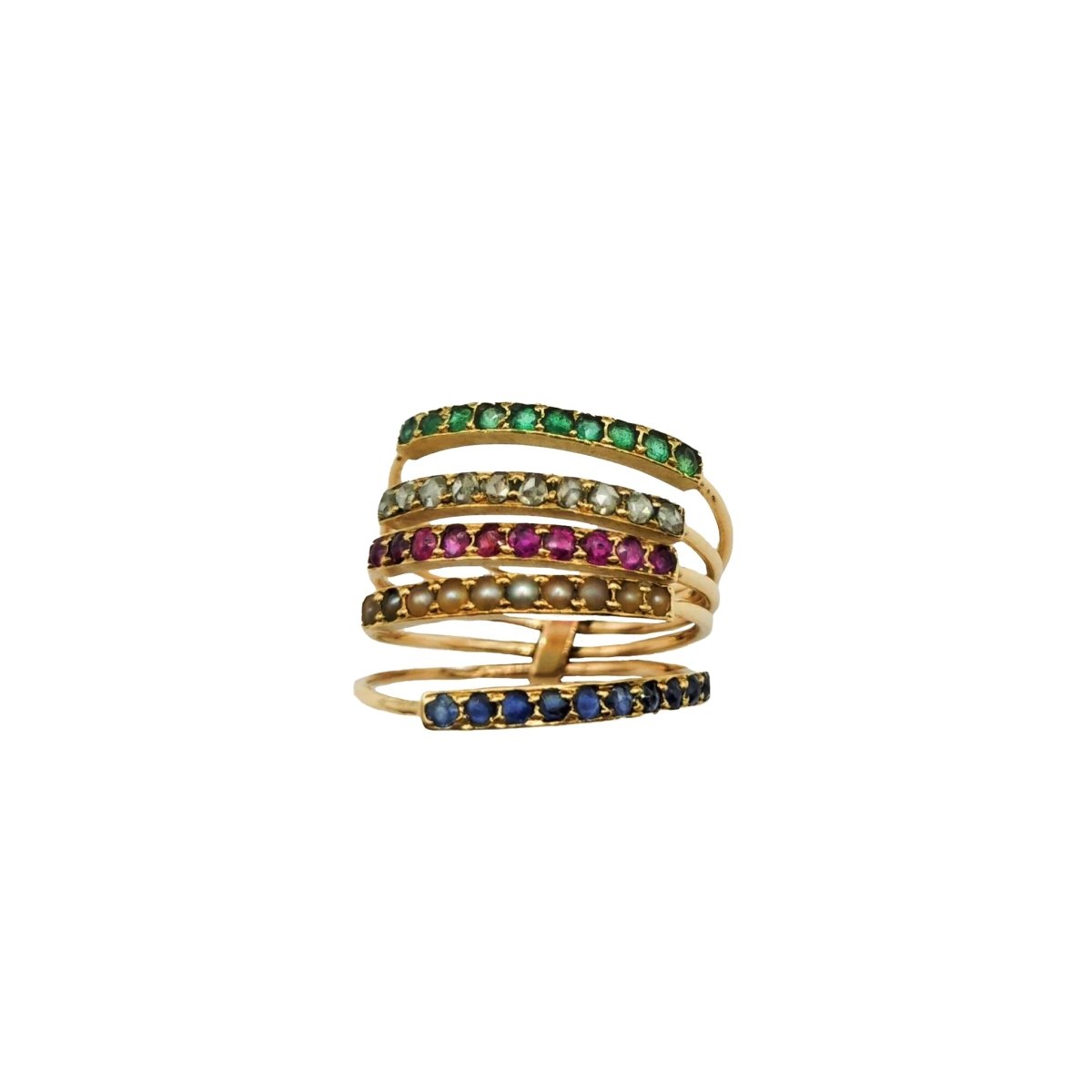 Bague 5 anneaux en or, perles et pierres de couleurs - Castafiore