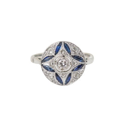 Bague Art Déco en or blanc, saphir calibrés et diamants - Castafiore