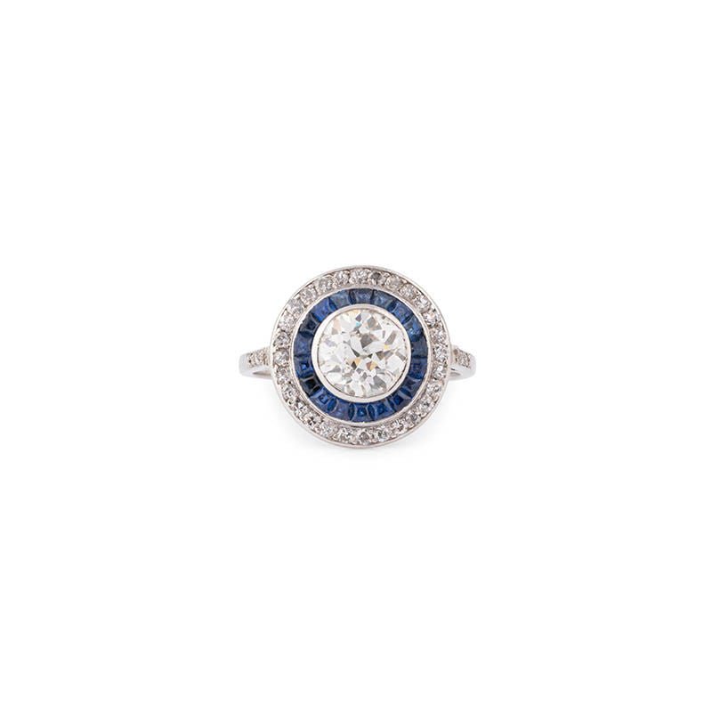 Bague Art Déco en platine, diamants et saphirs - Castafiore