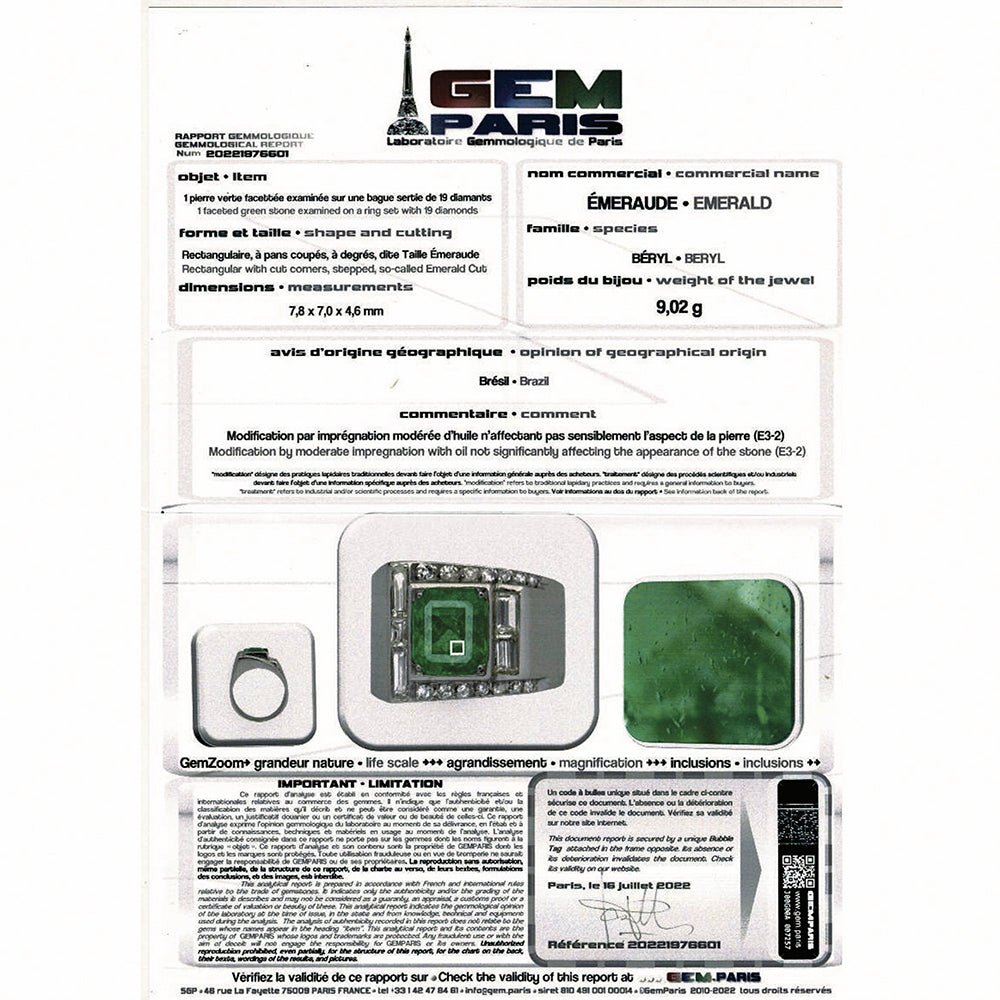 Bague Art Déco en platine, émeraude et diamants - Castafiore