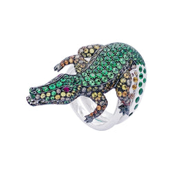 Bague Boucheron Crocodile en or blanc, sertie de diamants et pierres de couleur - Castafiore