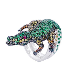 Bague Boucheron Crocodile en or blanc, sertie de diamants et pierres de couleur - Castafiore