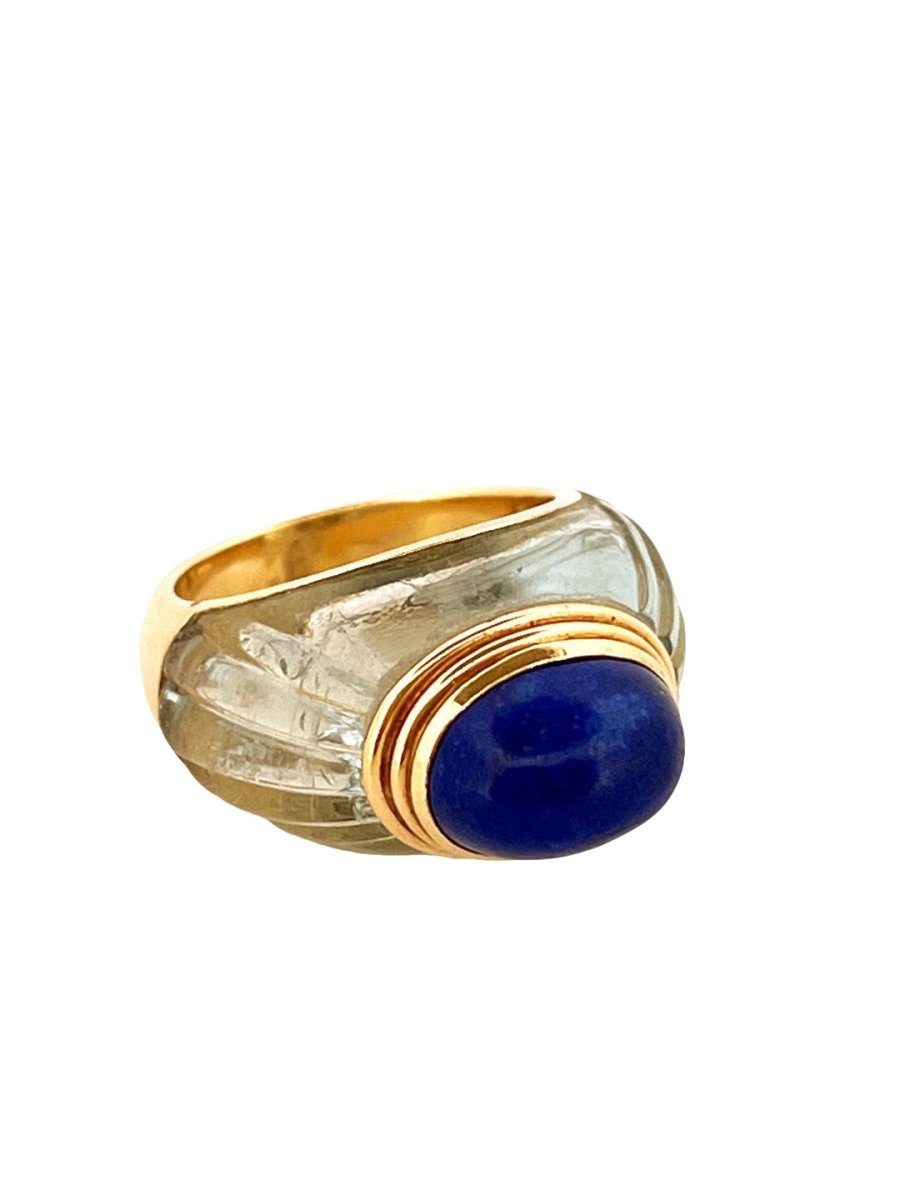 Bague BOUCHERON "Jaïpur" en or jaune, cristal de roche et lapis lazuli - Castafiore