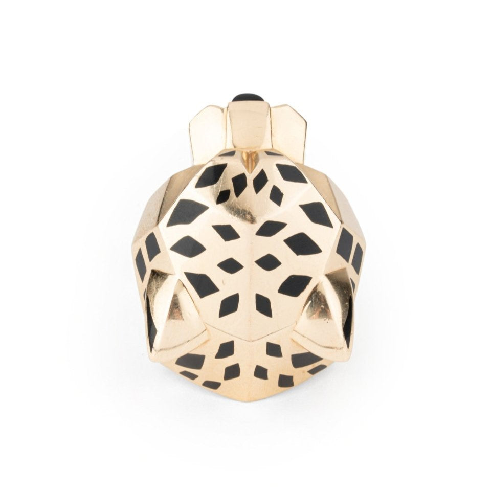 Bague CARTIER "Tête de panthère" en or jaune, laque noire, onyx et péridots - Castafiore