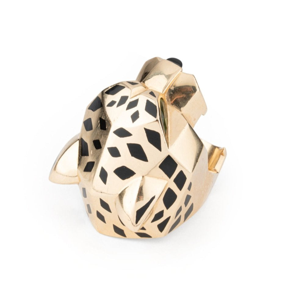 Bague CARTIER "Tête de panthère" en or jaune, laque noire, onyx et péridots - Castafiore