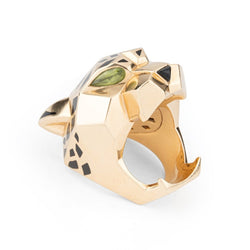 Bague CARTIER "Tête de panthère" en or jaune, laque noire, onyx et péridots - Castafiore