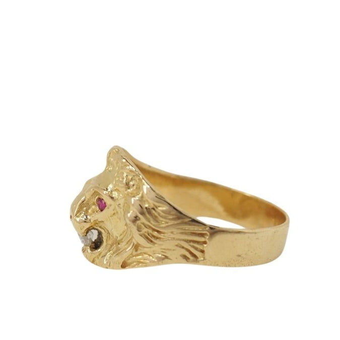 Bague chevalière Lion en or jaune, rubis et diamant - Castafiore