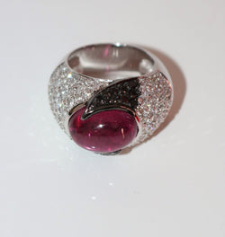 Bague Cocktail Diamants Blancs Et Noirs Cabochon Tourmaline - Castafiore