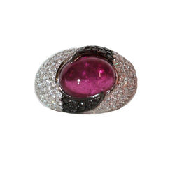 Bague Cocktail Diamants Blancs Et Noirs Cabochon Tourmaline - Castafiore
