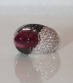 Bague Cocktail Diamants Blancs Et Noirs Cabochon Tourmaline - Castafiore