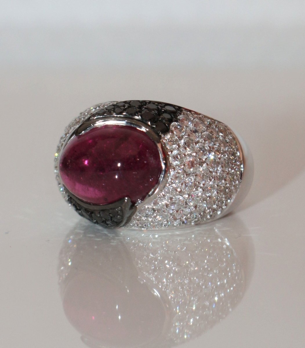 Bague Cocktail Diamants Blancs Et Noirs Cabochon Tourmaline - Castafiore