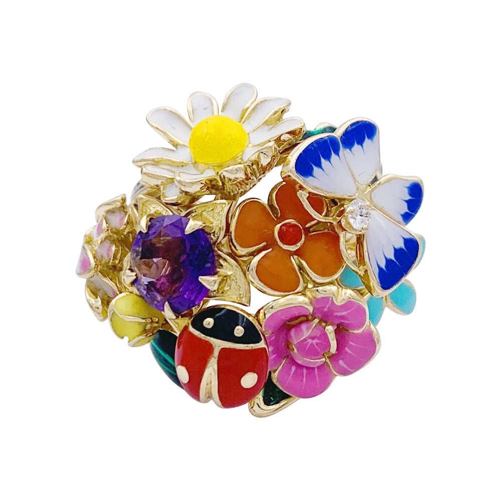 Bague Cocktail DIOR "Diorette" en or jaune, émail, améthyste et diamant - Castafiore