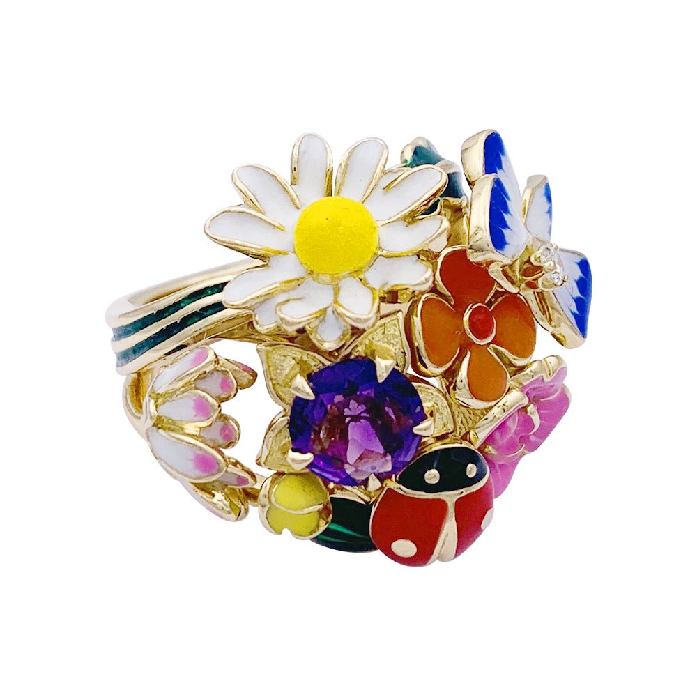 Bague Cocktail DIOR "Diorette" en or jaune, émail, améthyste et diamant - Castafiore