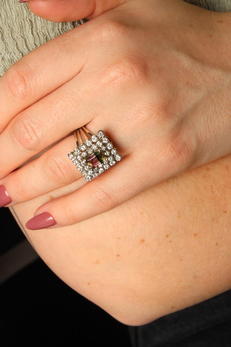 Bague Cocktail en or blanc, diamants et tourmaline - Castafiore