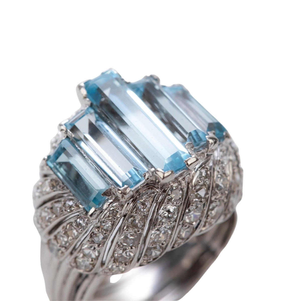 Bague Cocktail en platine, aigue-marine et brillant - Castafiore