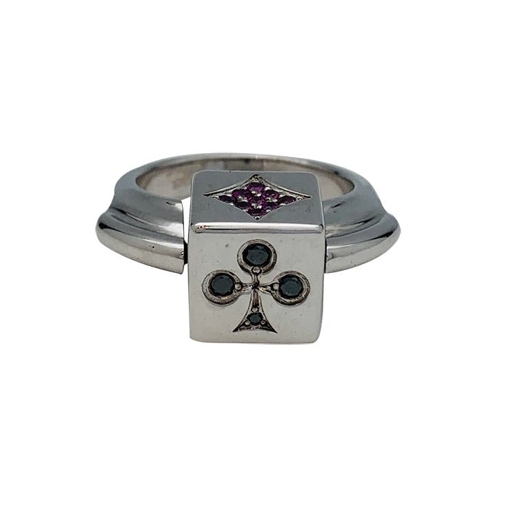 Bague Dé en or blanc diamants noirs et rubis - Castafiore