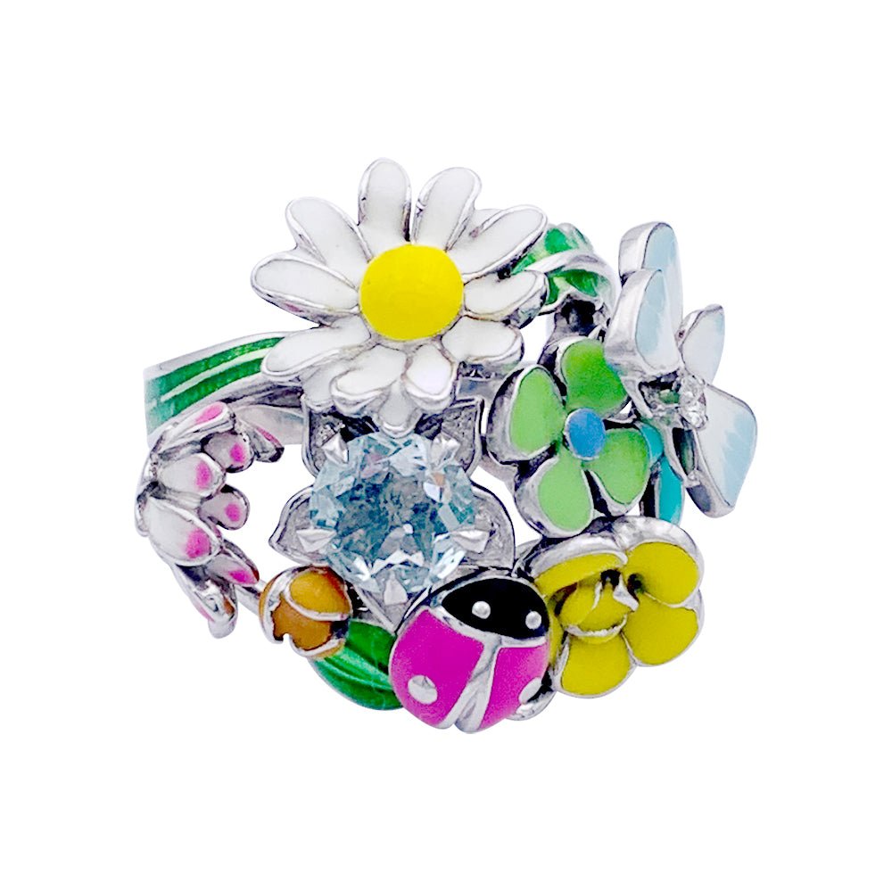 Bague DIOR "Diorette" en or blanc, émail, aigue-marine et diamant. - Castafiore