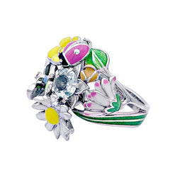 Bague DIOR "Diorette" en or blanc, émail, aigue-marine et diamant. - Castafiore