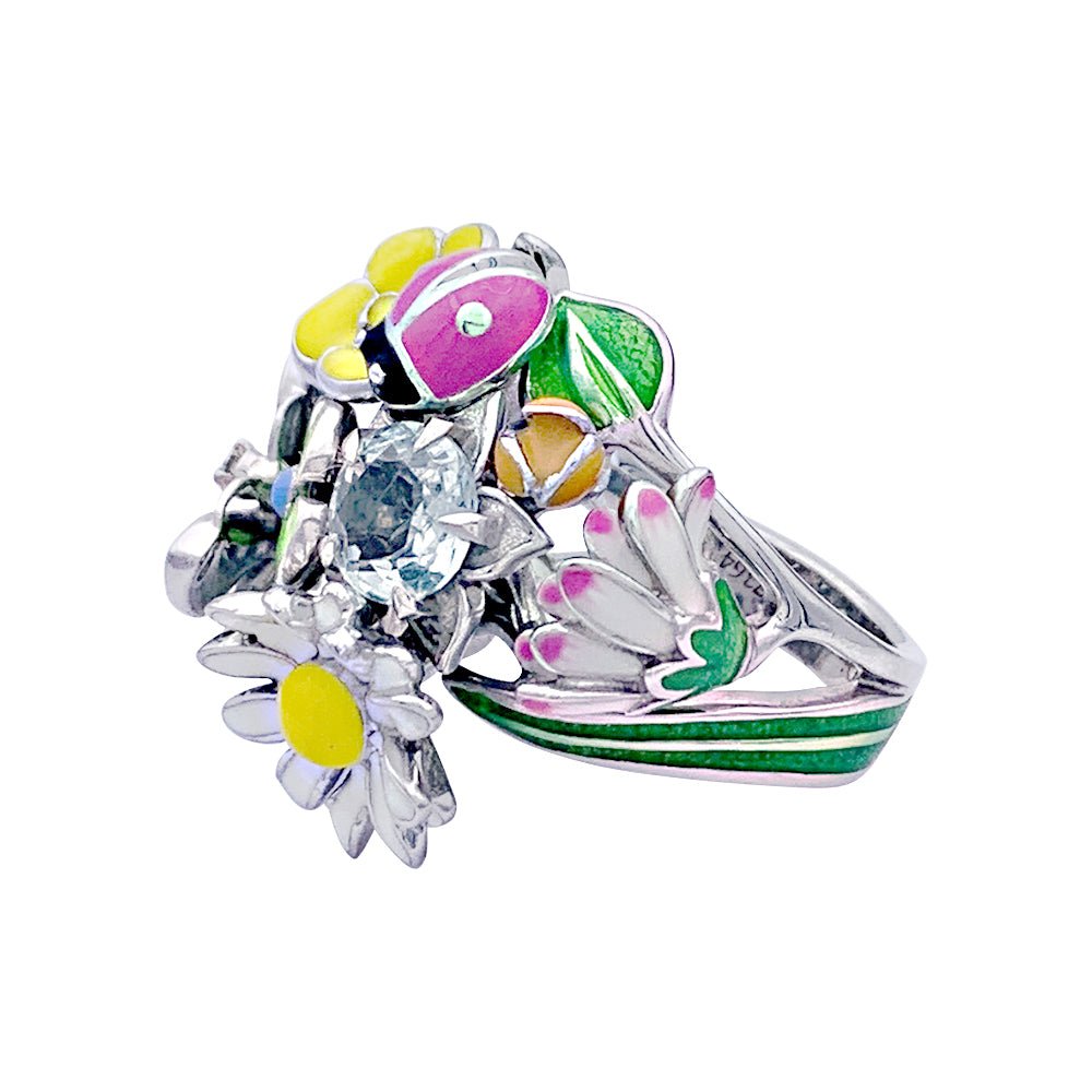 Bague DIOR "Diorette" en or blanc, émail, aigue-marine et diamant. - Castafiore