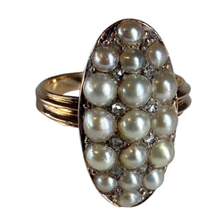 Bague en or 18 carats «  marquise »sertie de perles fines et diamants vers 1880 - Castafiore