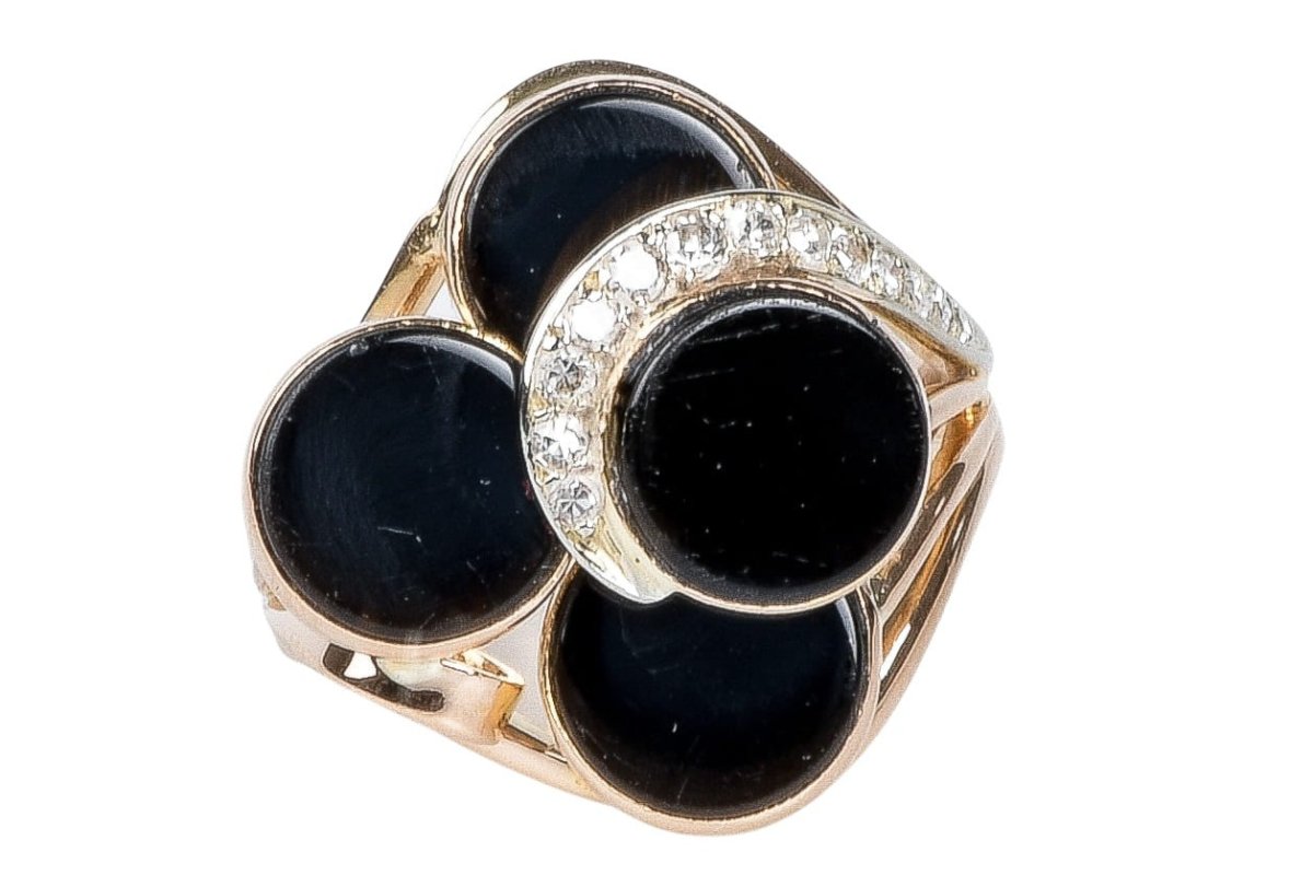 Bague en or rose à décor d' onyx et diamants - Castafiore