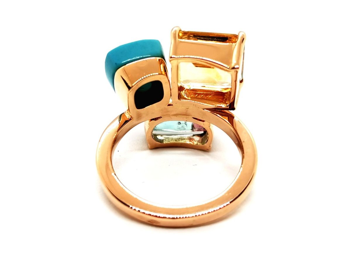 Bague en or rose, quartz lemon, turquoise et tourmaline - Castafiore