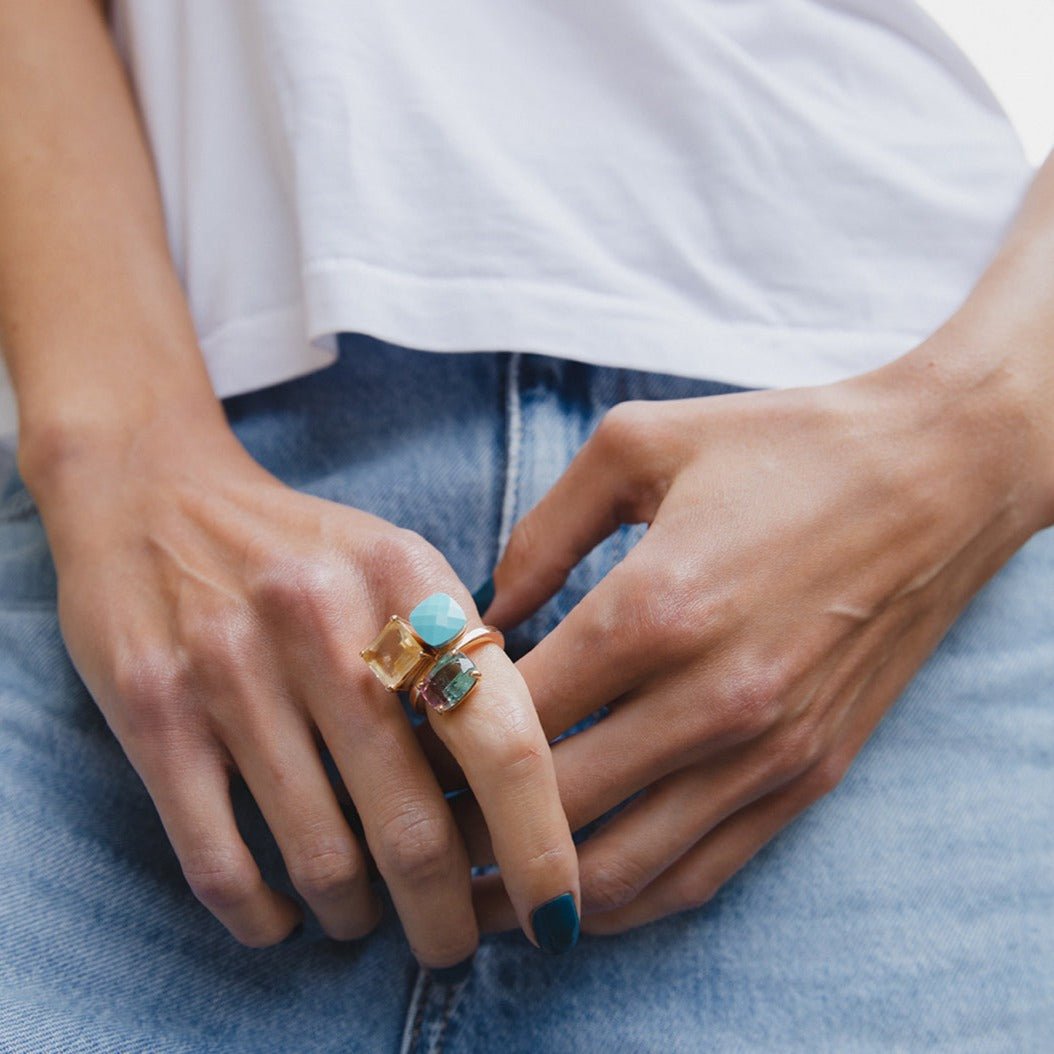 Bague en or rose, quartz lemon, turquoise et tourmaline - Castafiore