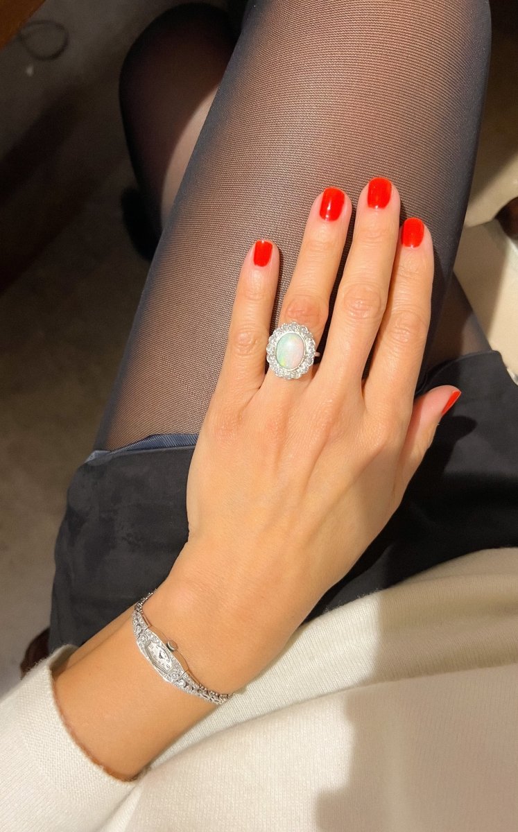 Bague en platine diamants et opale - Castafiore