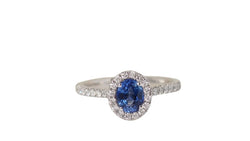 Bague entourage en platine, saphir Ceylan et diamants - Castafiore