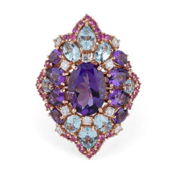 Bague et boucles d'oreilles en or jaune, améthystes, diamants, saphirs roses et topazes - Castafiore